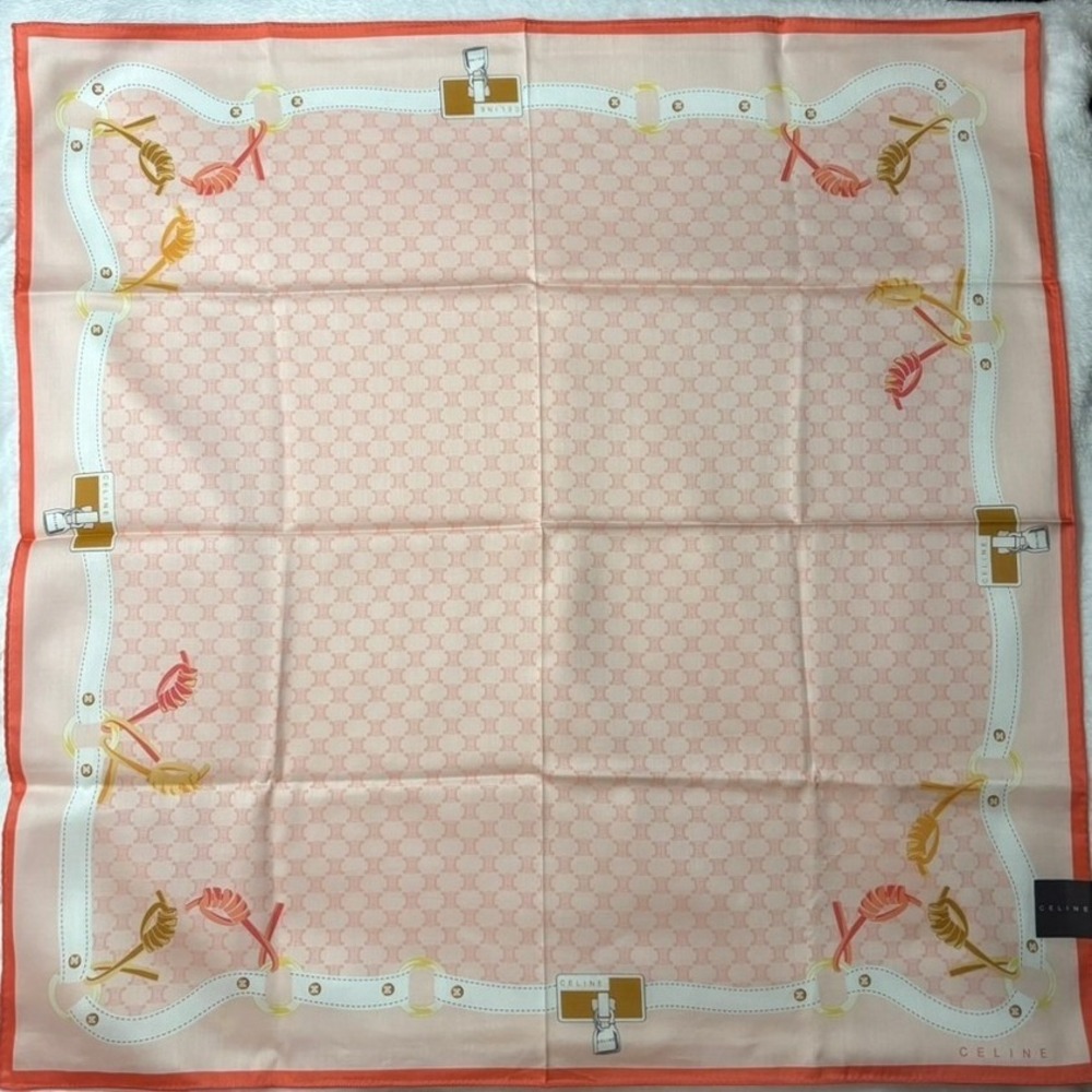 VTG CELINE Scarf Handkerchief Macadam Triomphe Belt Pink Orange 23in